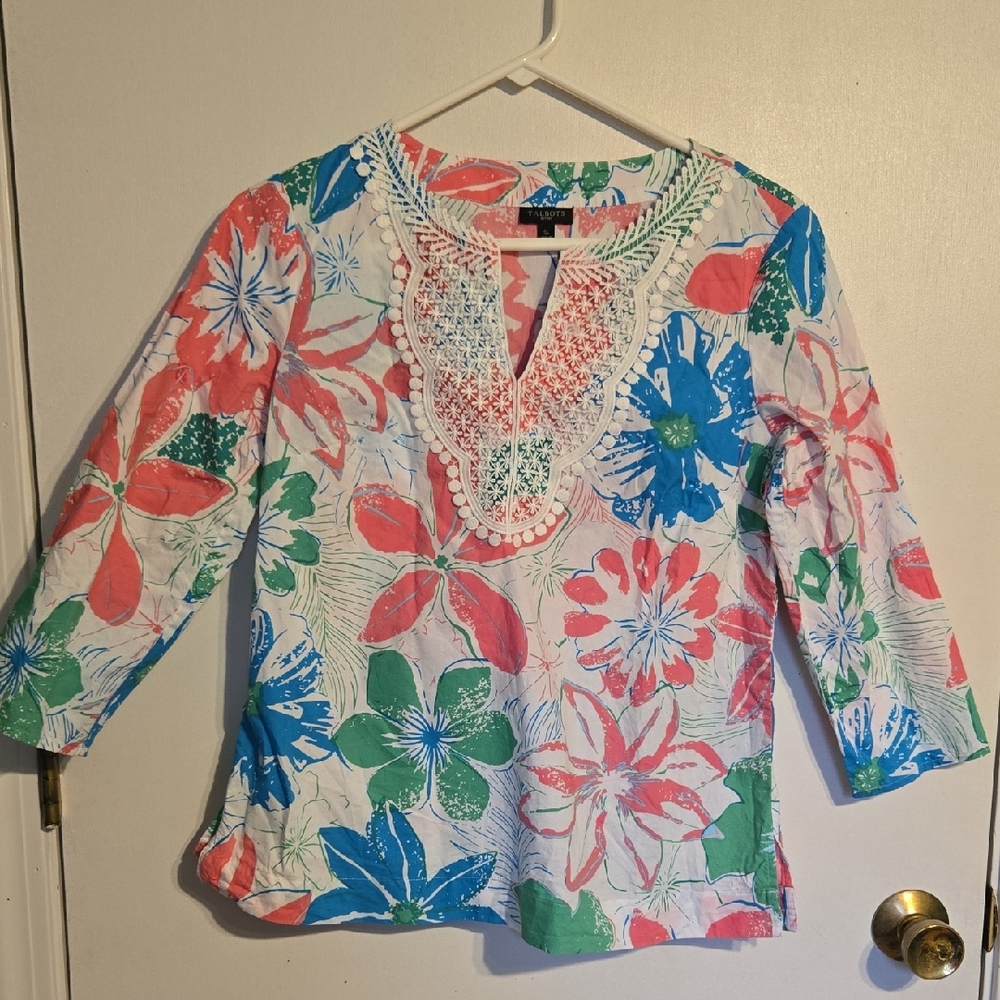 Talbots Floral Blouse with Crochet Accents